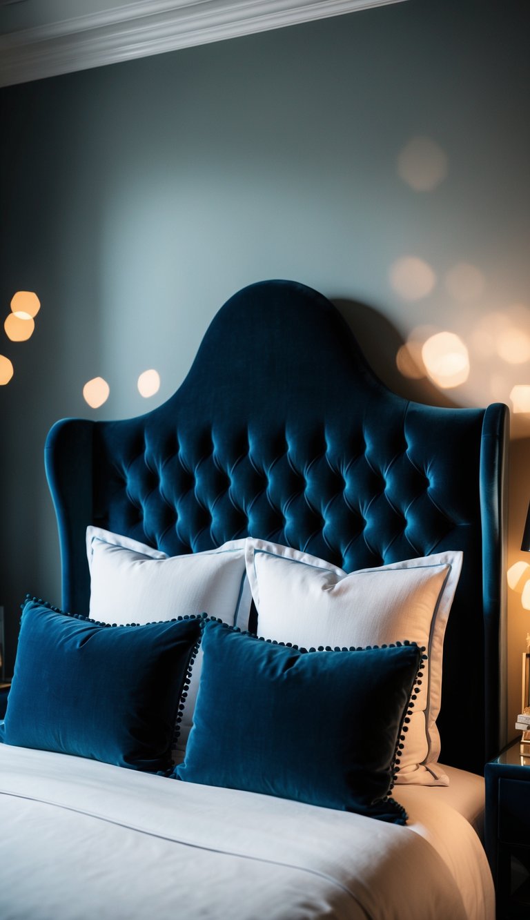 A luxurious dark blue velvet upholstered bed in a dimly lit bedroom with moody ambiance