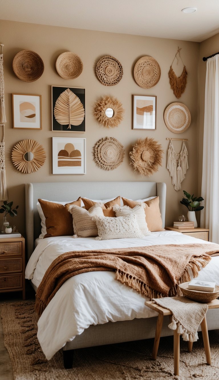 A cozy bedroom with 21 boho-themed art pieces arranged in a gallery wall display. Warm earth tones and natural textures create a relaxed and inviting atmosphere