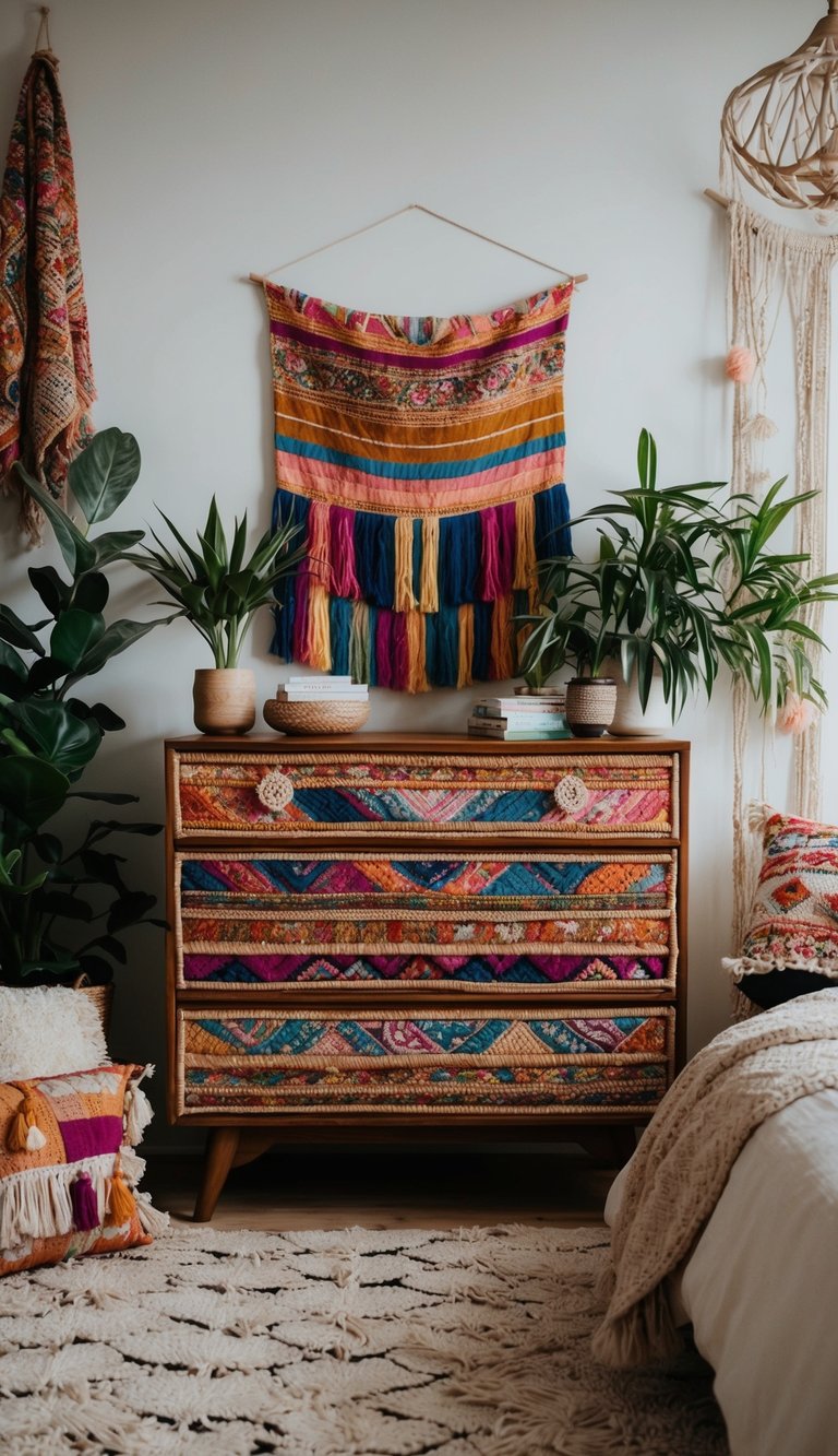 A boho-style dresser adorned with colorful textiles and plants, surrounded by eclectic decor and cozy textiles in a bohemian bedroom setting