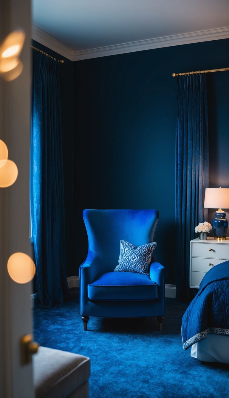 A Prussian blue accent chair stands in a dark blue bedroom, surrounded by rich blue decor and moody lighting