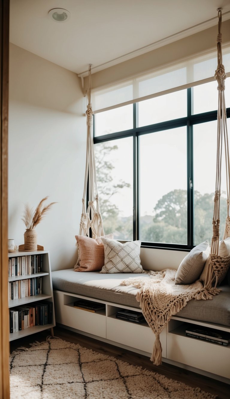 A cozy reading nook in a boho bedroom, with a low-level bookshelf, soft cushions, and a hanging macramé chair by a window