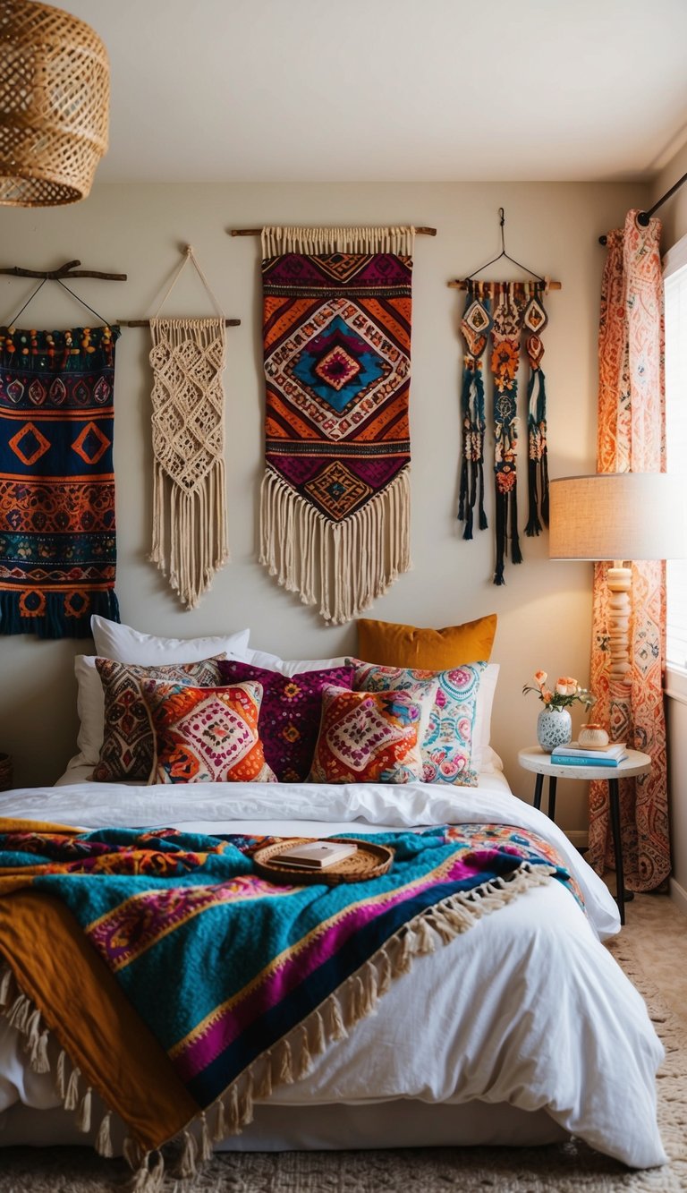 A cozy boho bedroom with a mix of cultural elements including vibrant textiles, macramé wall hangings, and eclectic artwork