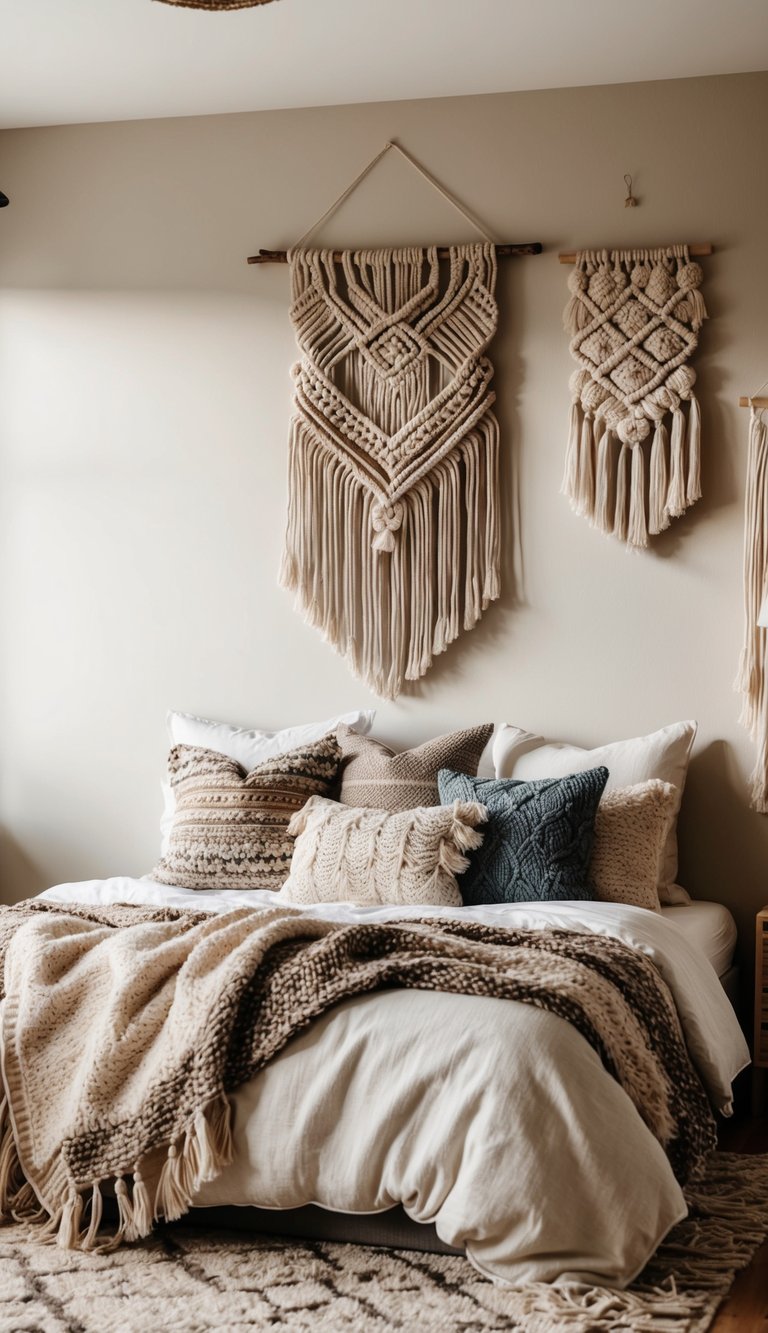 A cozy boho bedroom with a macrame wall hanging, layered rugs, and a variety of textured throw pillows and blankets