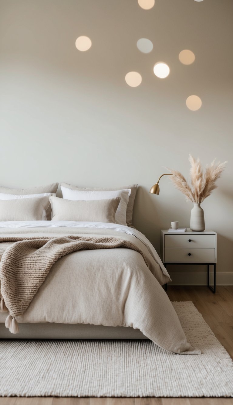 A serene bedroom with neutral colors, soft lighting, and minimal decor. A cozy bed with neutral bedding, a simple nightstand, and a plush rug