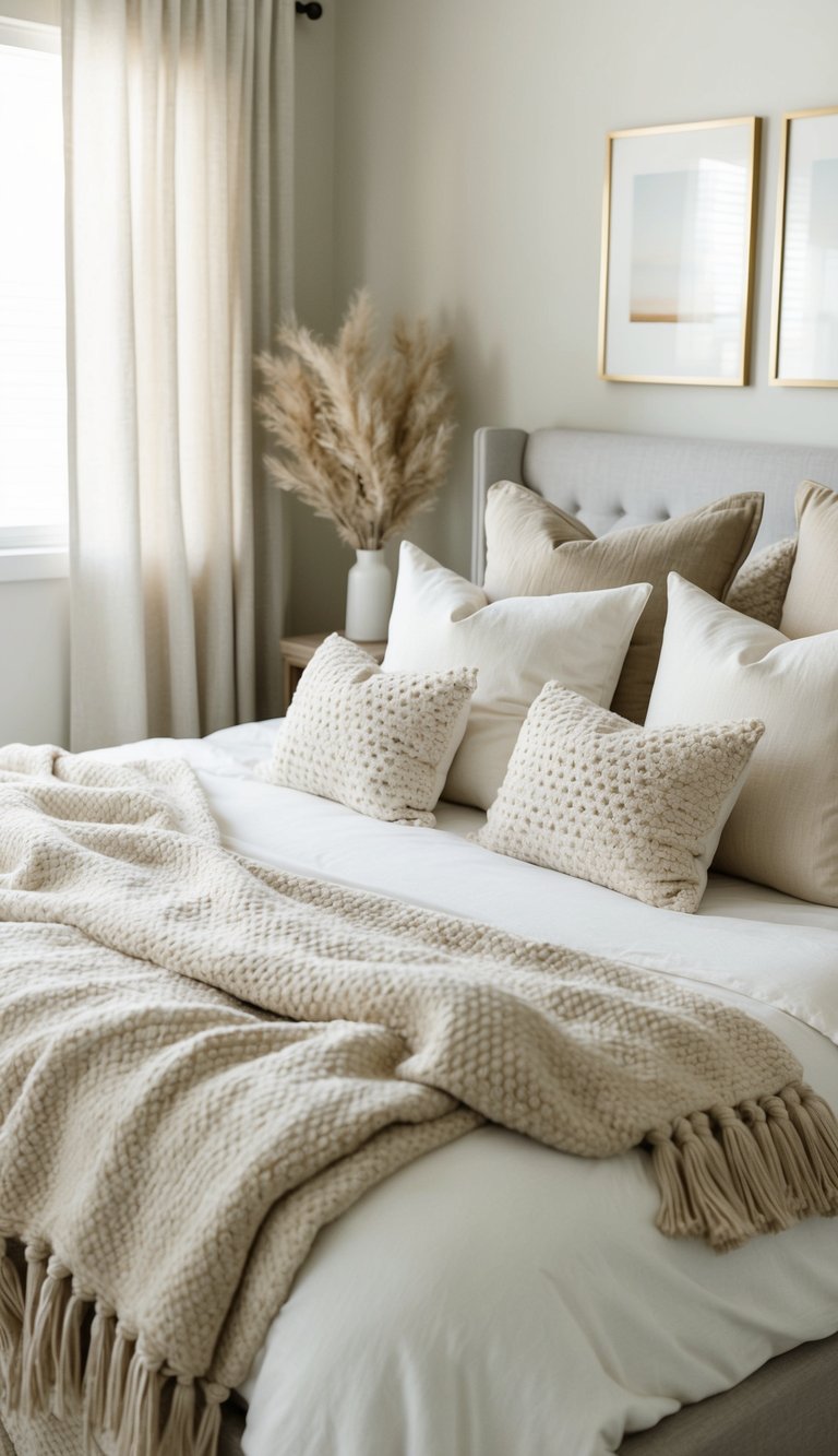 A cozy bed with layered textures of throw blankets, neutral colors, and soft pillows in a serene bedroom setting