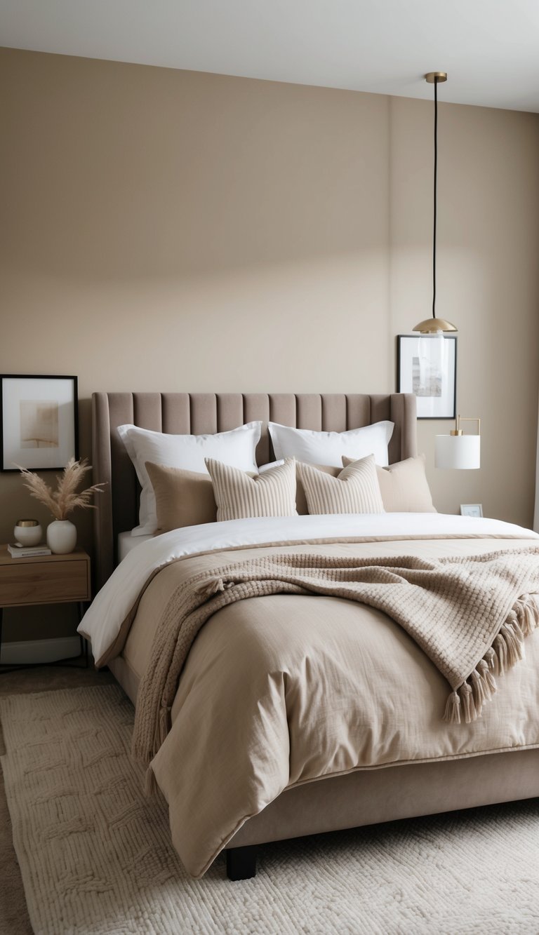 A cozy bedroom with beige and taupe decor, featuring neutral bedding, soft lighting, and minimalist furniture