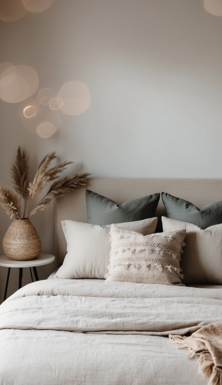 A cozy bedroom with neutral tones featuring organic cotton bedding and natural textures