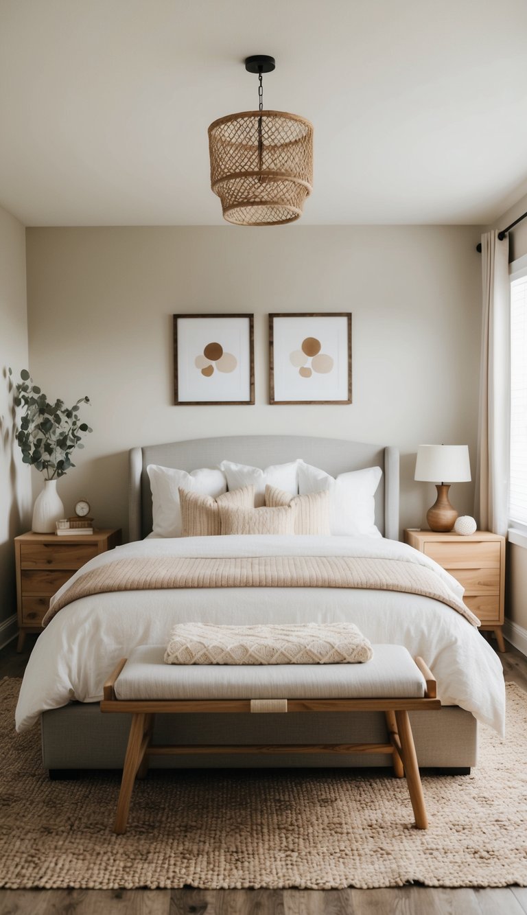 A cozy bedroom with neutral colors and natural wooden furniture