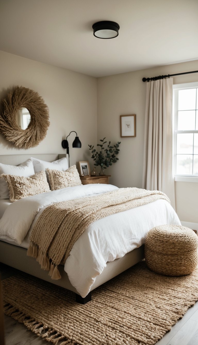 A cozy bedroom with woven jute rugs, neutral tones, and rustic decor