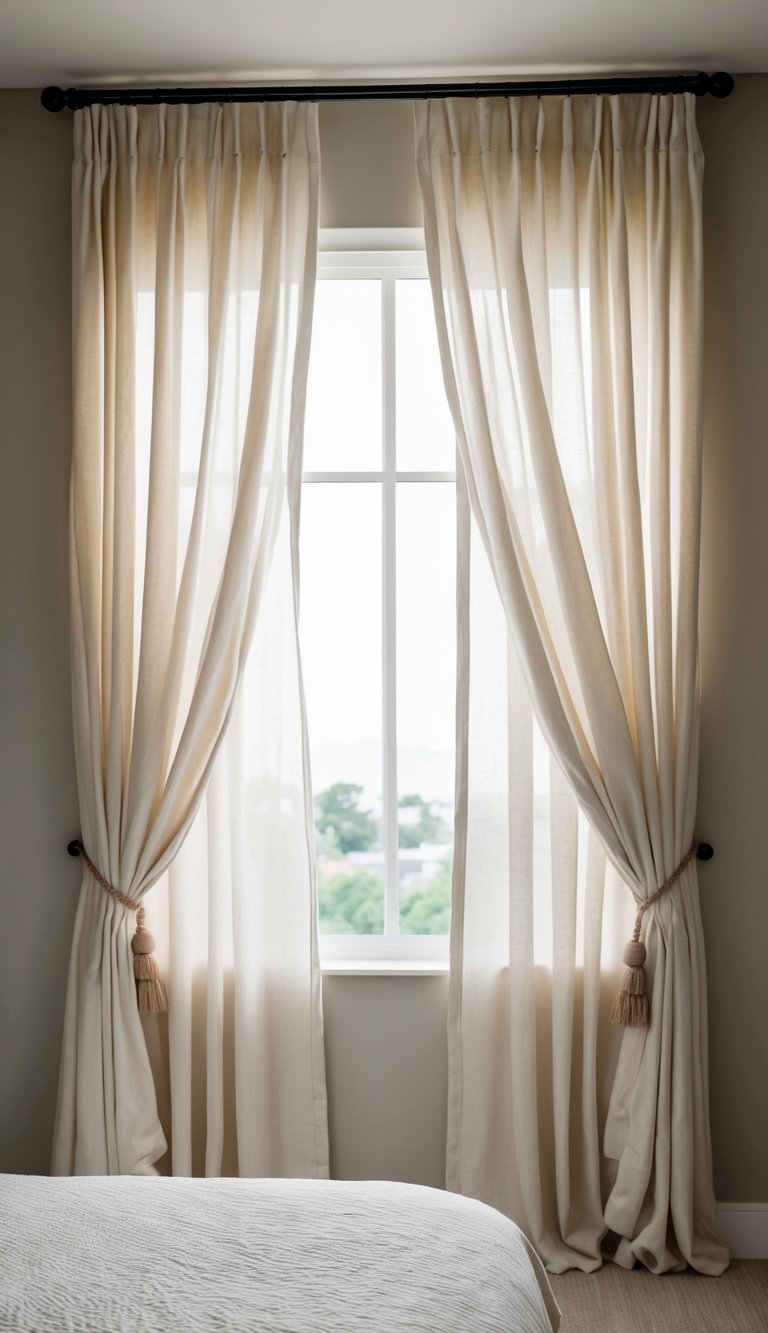 Light cotton curtains billow in a serene, neutral-toned bedroom