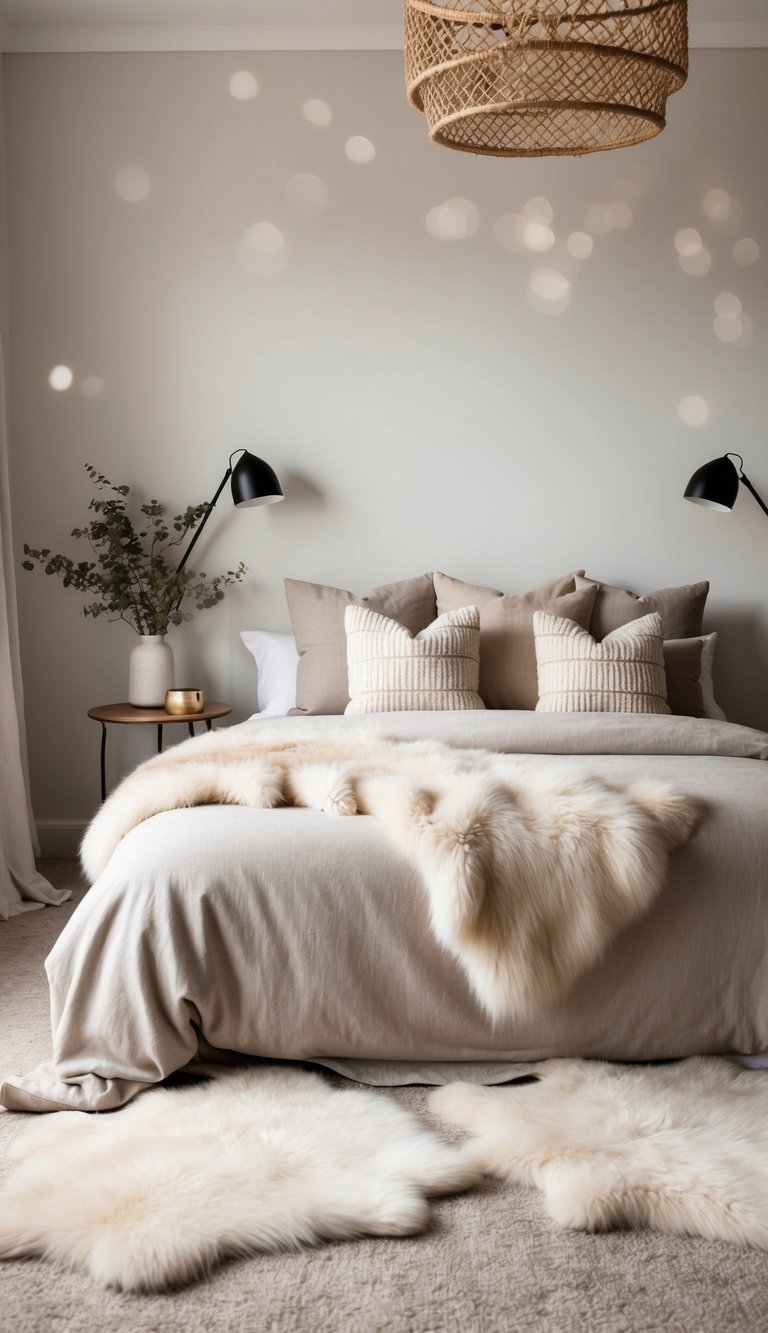 A cozy bedroom with a neutral color palette featuring sheepskin rugs for warmth and a serene atmosphere