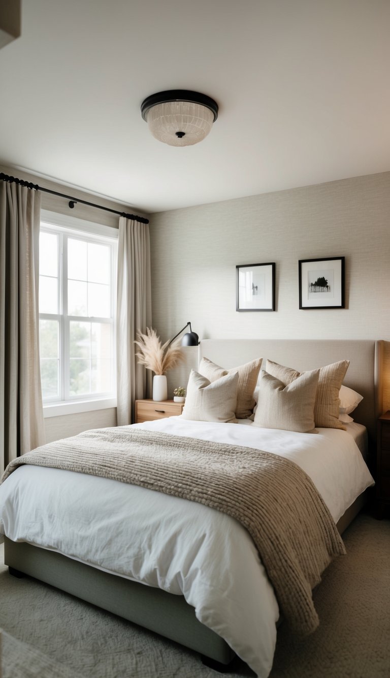 A cozy bedroom with neutral-toned wallpaper, soft lighting, and minimal decor