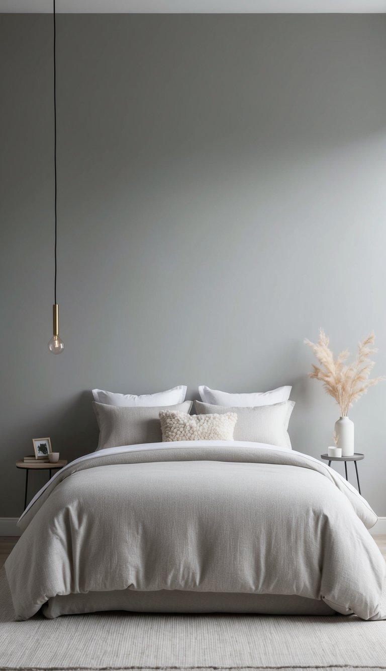 The muted gray walls create a serene backdrop for a neutral bedroom, with soft lighting and minimal decor