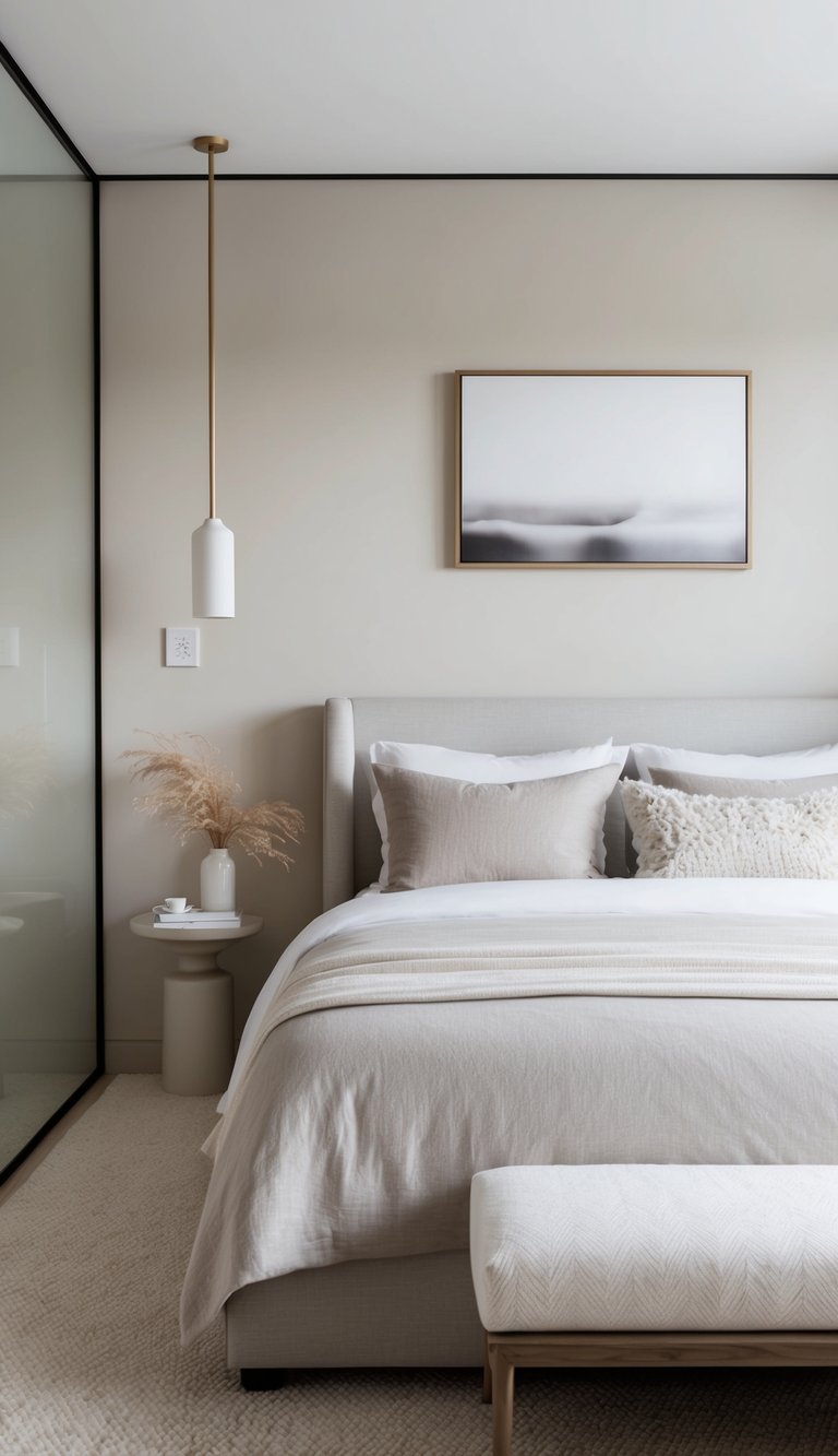 A serene bedroom with neutral colors, clean lines, and minimal decor