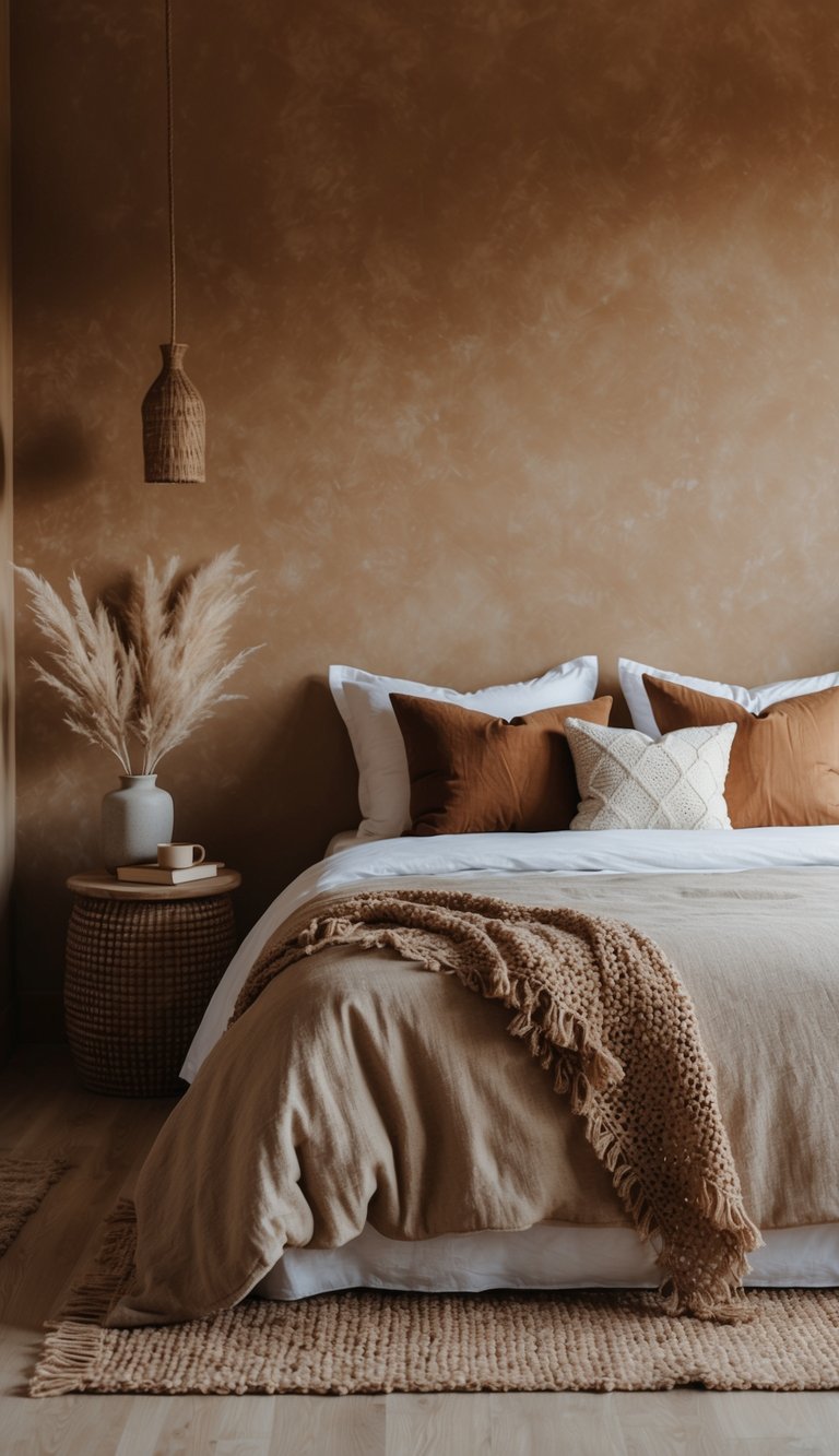 A cozy, neutral bedroom with earthy brown tones and natural textures