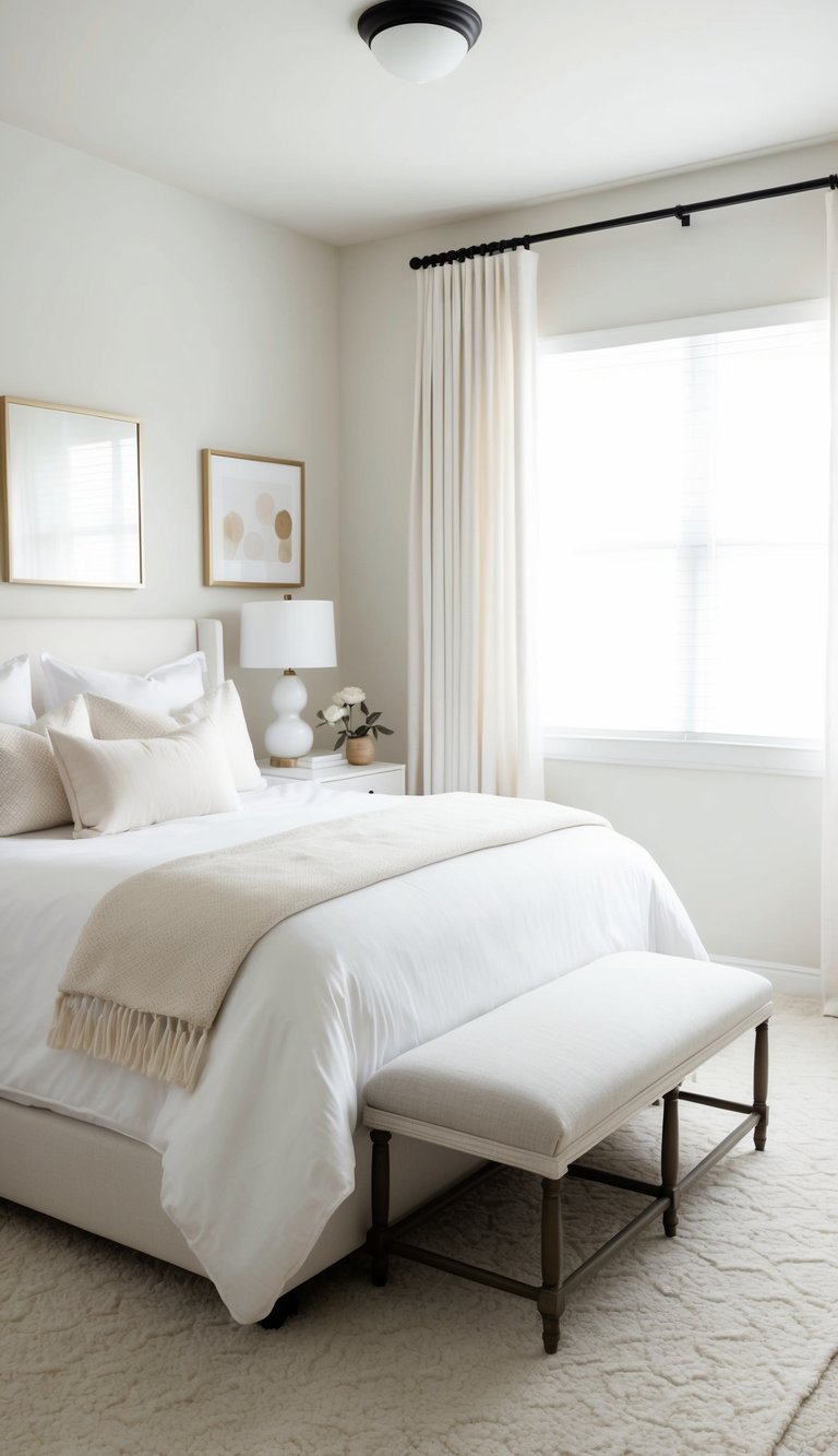 A serene bedroom with white and cream accents, featuring a neutral color palette and minimalistic decor