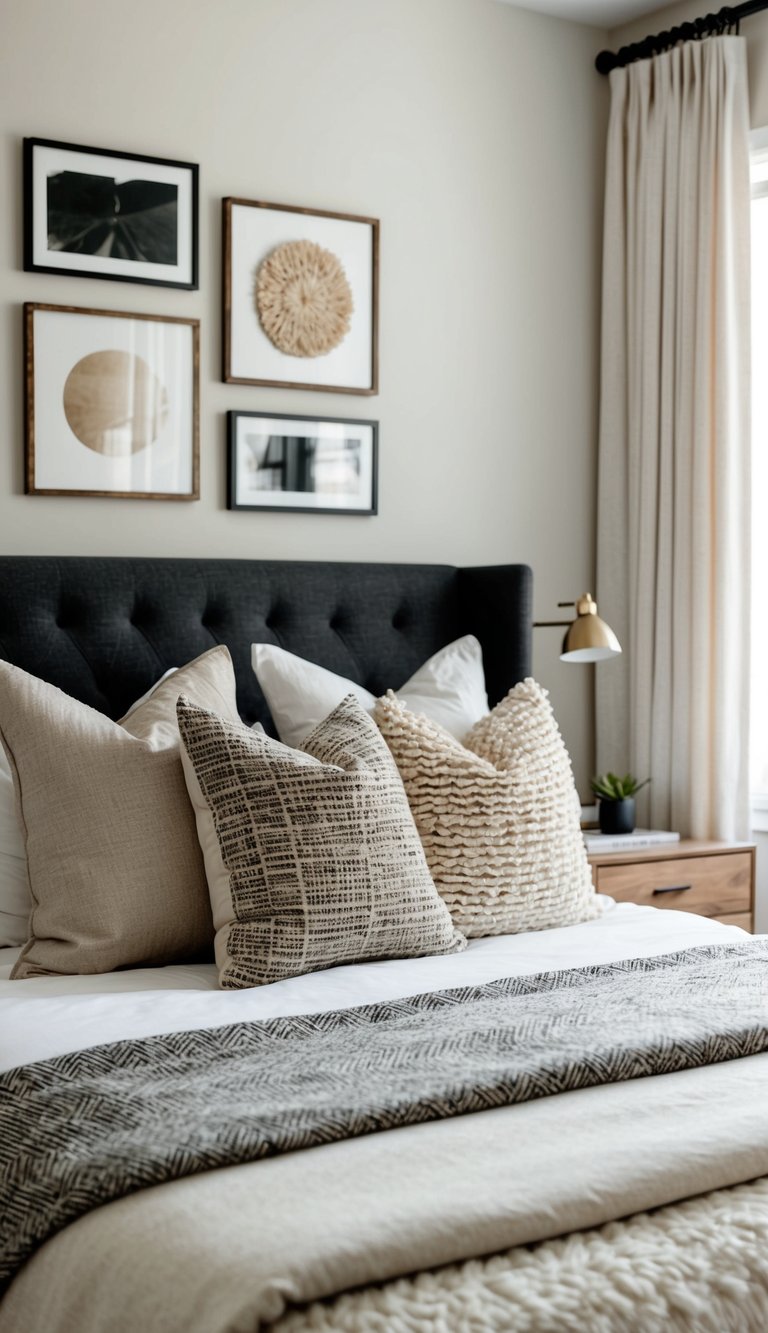 A cozy bedroom with a variety of neutral textiles, including a mix of textures and patterns for visual interest