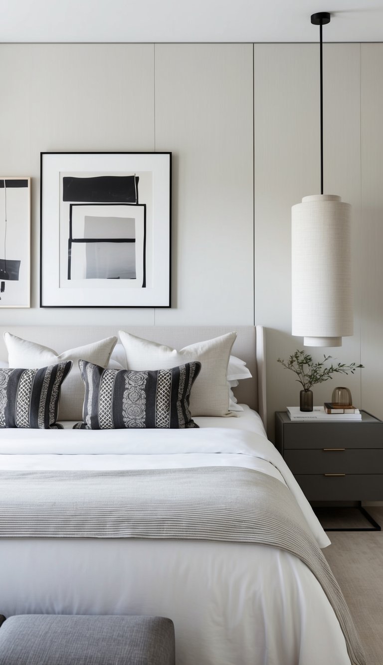 A serene bedroom with neutral art pieces, clean lines, and minimalistic decor exudes sophistication