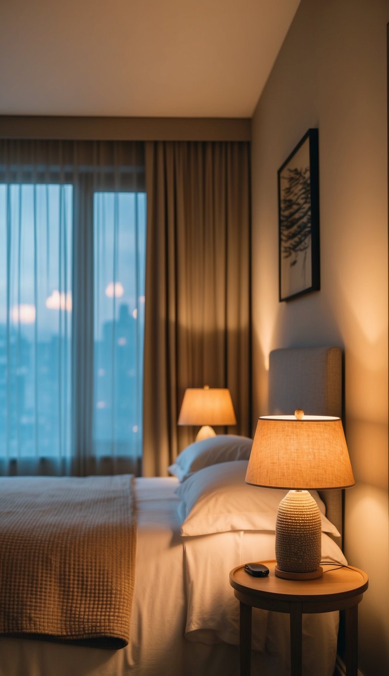 Soft, warm light from dimmable lamps illuminates a cozy, neutral bedroom