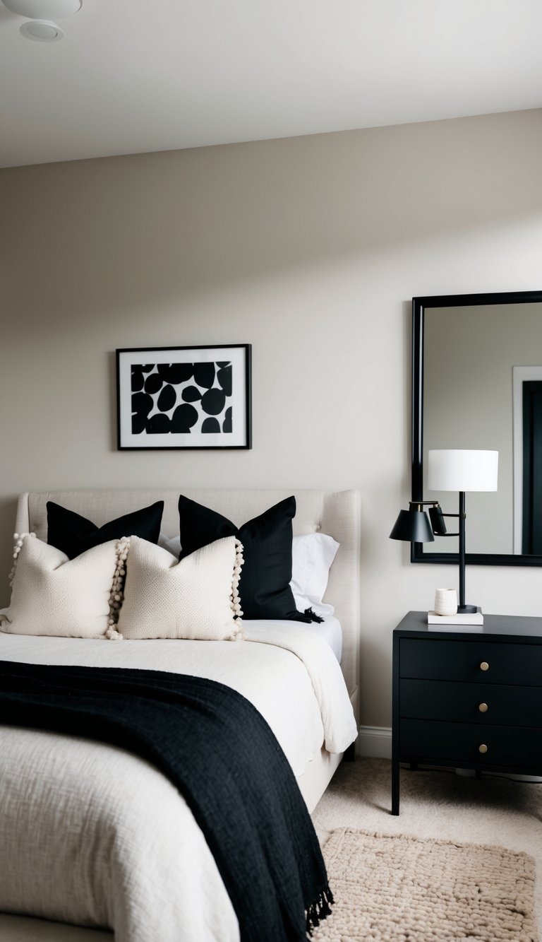 A neutral bedroom with black accent pieces for contrast: a cozy bed with throw pillows, a simple nightstand with a lamp, and a large framed mirror on the wall