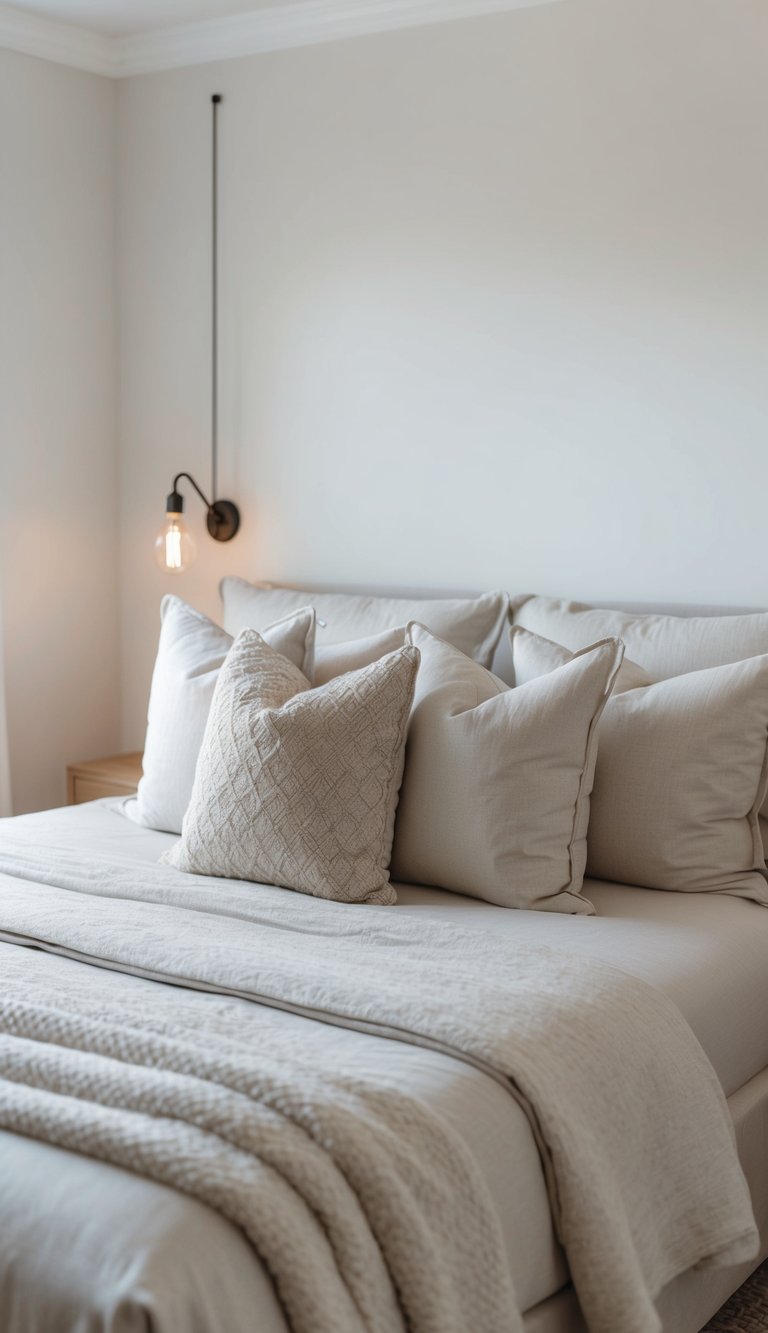 A cozy bed with soft, neutral linens and plush pillows, set in a serene bedroom