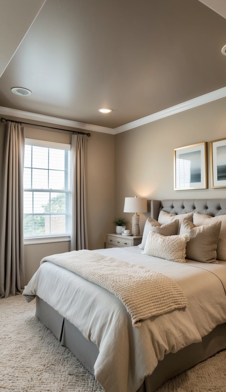 A cozy bedroom with taupe-painted ceilings, neutral bedding, and soft lighting