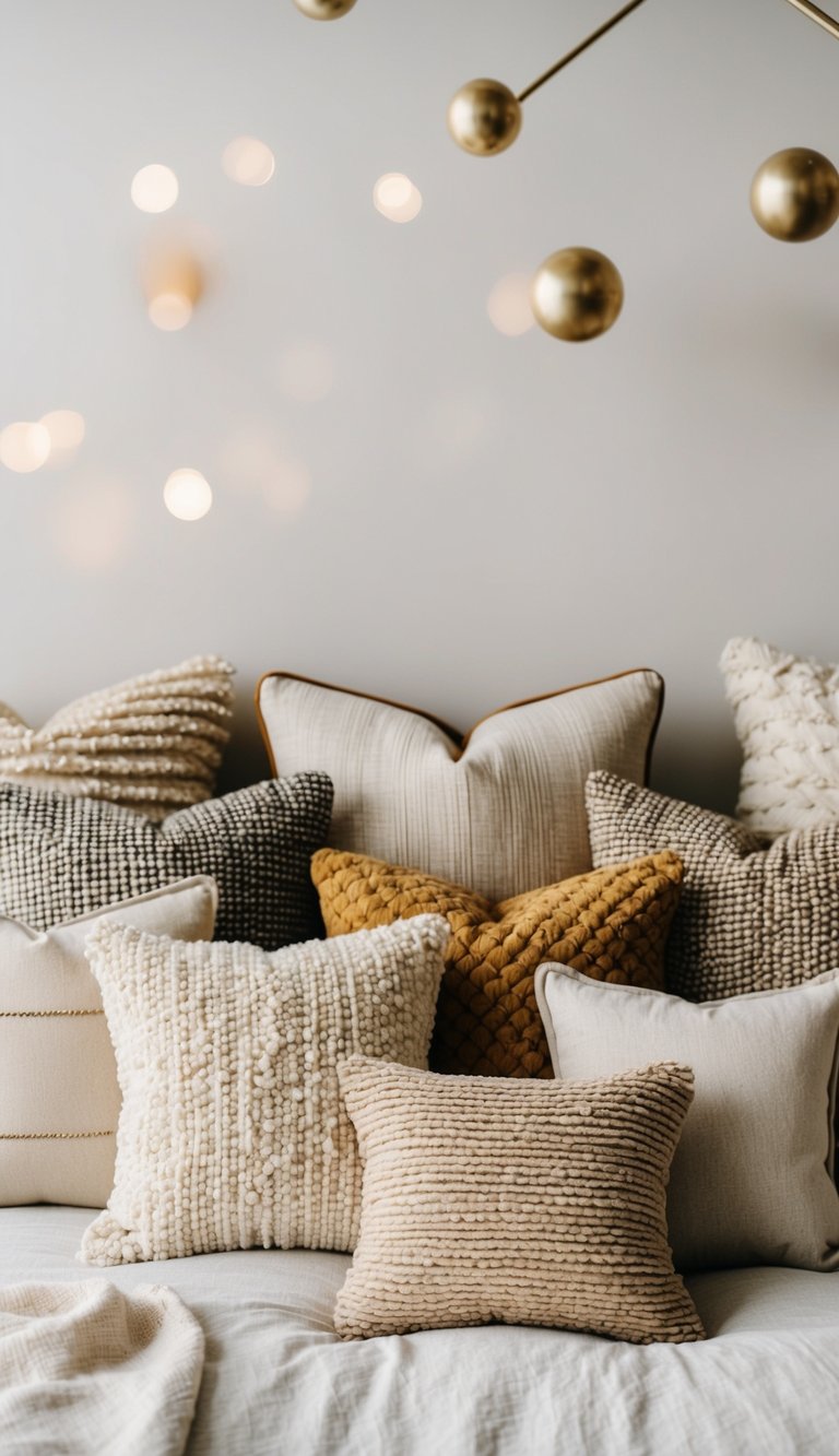 A cozy, neutral bedroom with a variety of textured cushions arranged on the bed and surrounding area