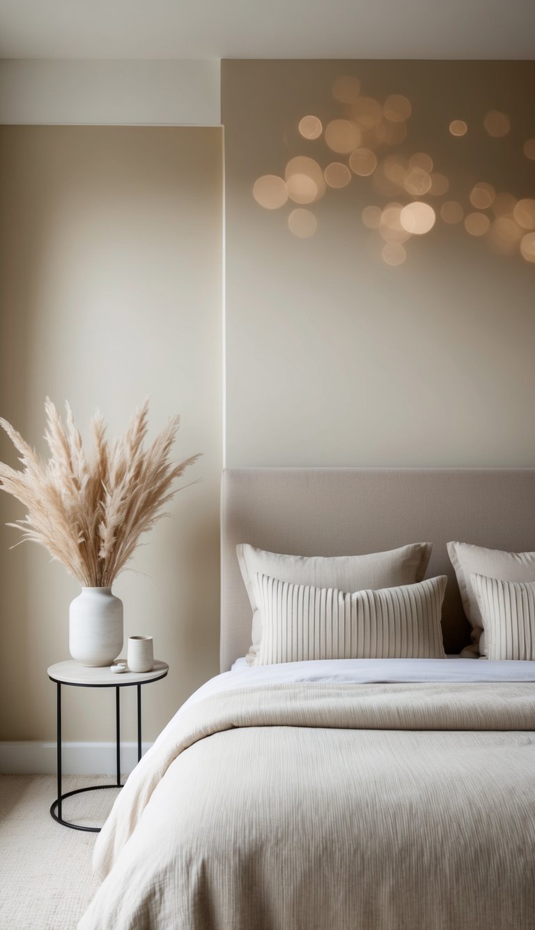 A serene bedroom with soft beige walls, neutral bedding, and minimal decor