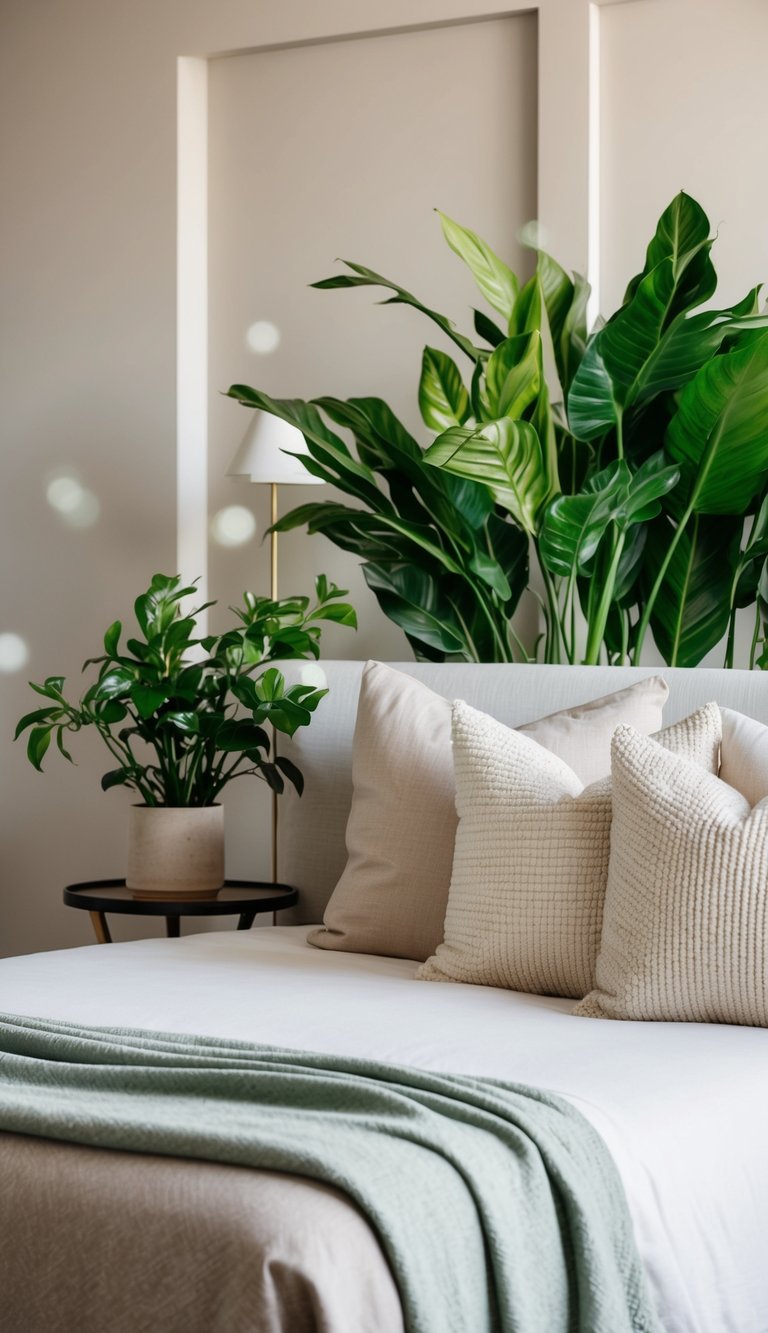 A serene bedroom with neutral tones, adorned with lush green plants for a touch of freshness