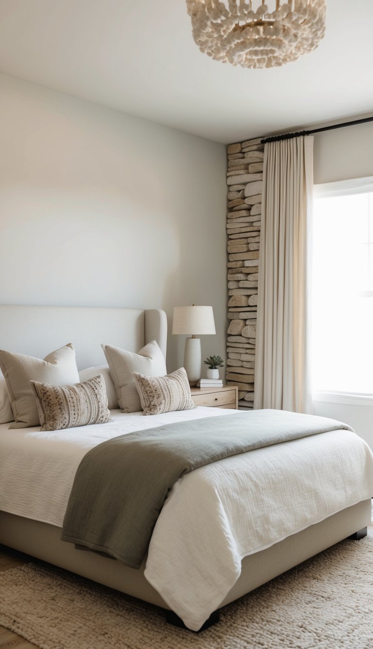 A serene bedroom with neutral colors and natural stone accents, creating a peaceful and organic atmosphere