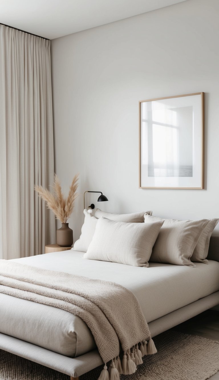 A serene bedroom with clean lines, natural materials, and a neutral color palette. Minimalist furniture and soft textiles create a peaceful and harmonious space