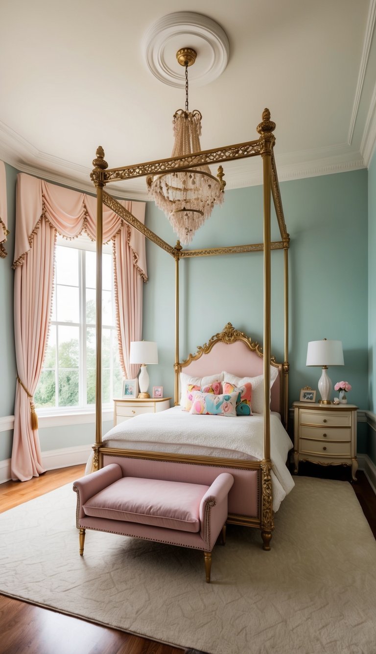 A spacious and elegant kids' bedroom with a luxurious canopy bed, soft pastel colors, and whimsical decor