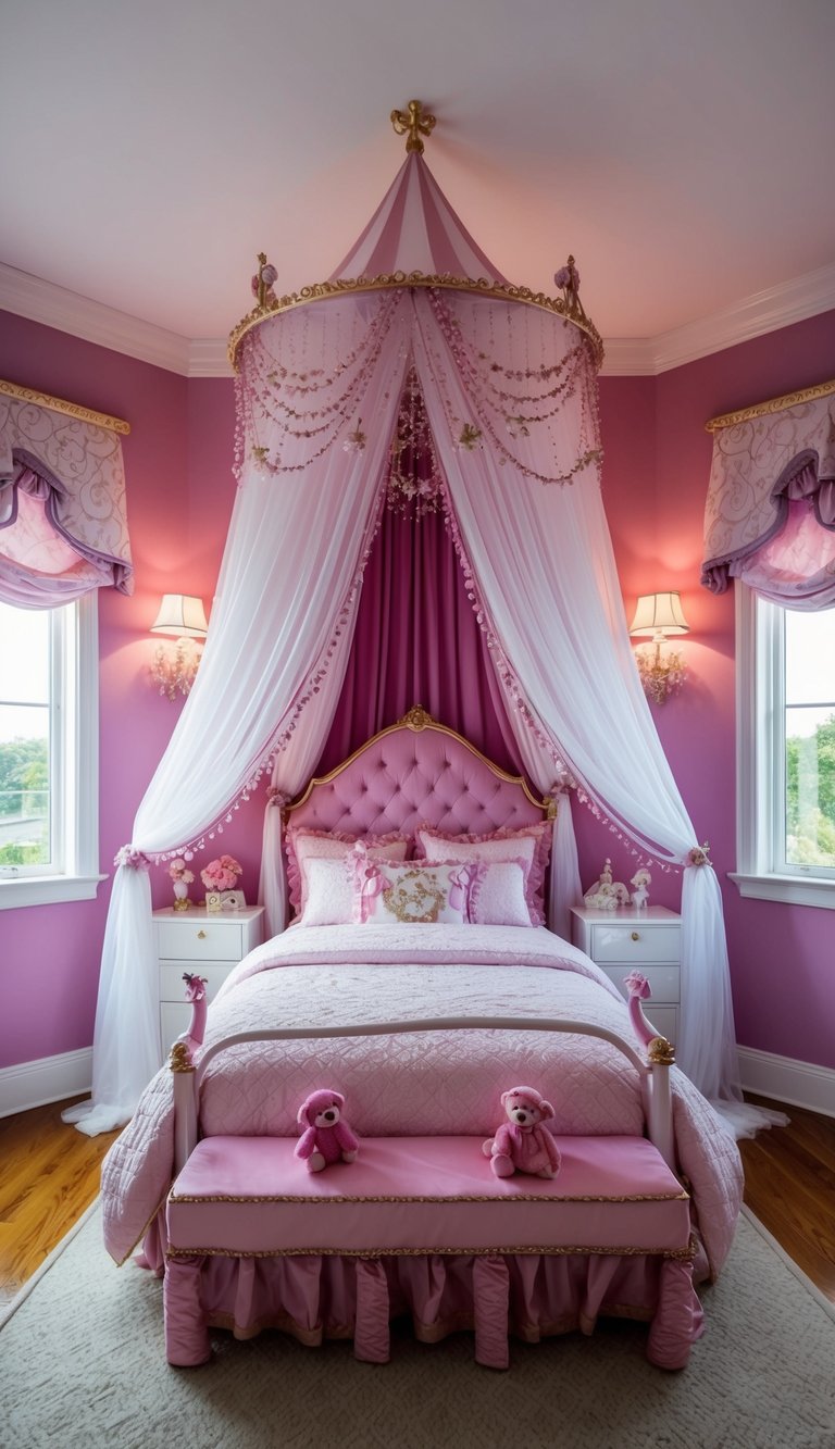 A princess-themed canopy bed adorned with luxurious fabrics and sparkling accents, set in a whimsical and enchanting children's bedroom