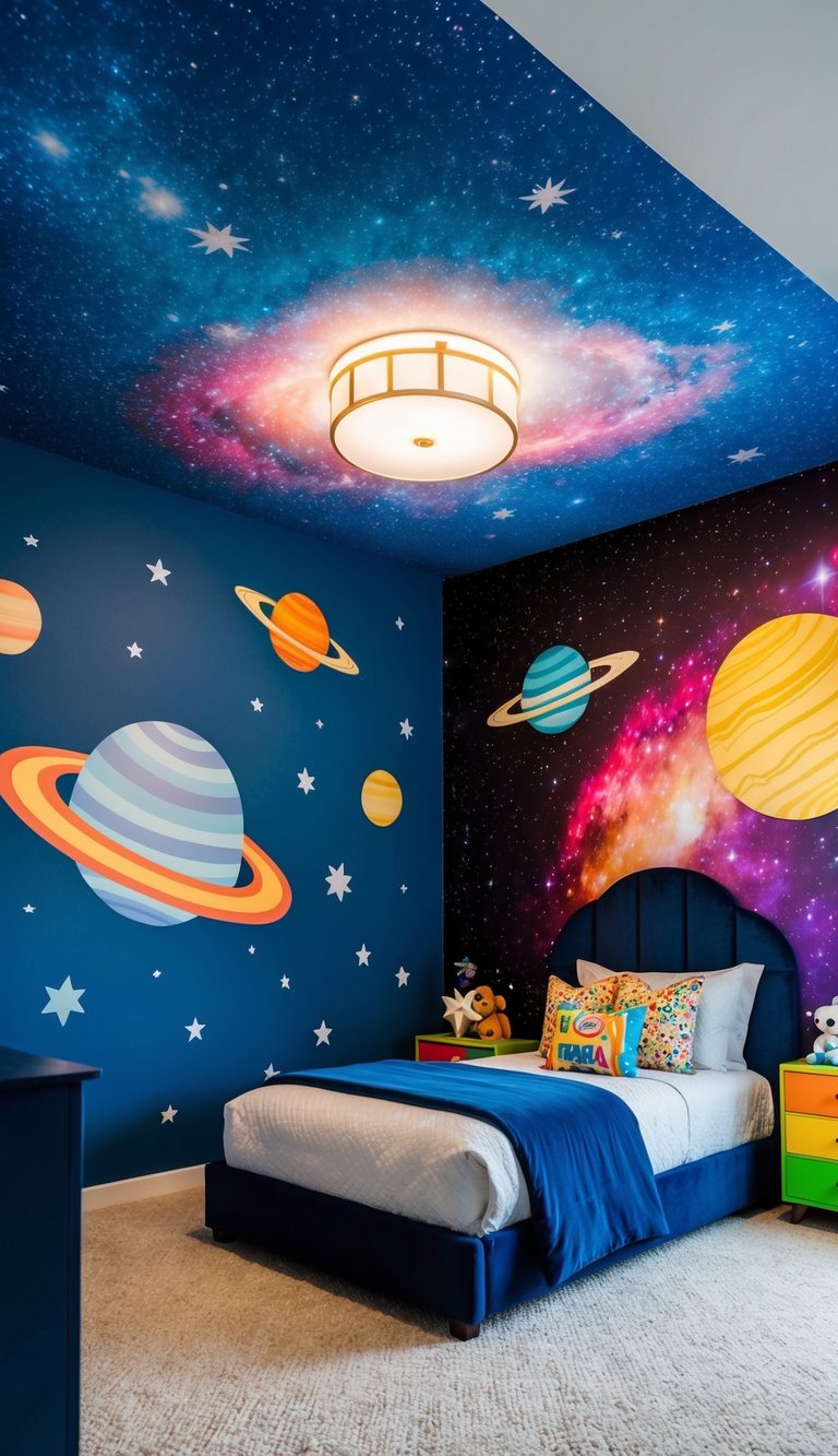 A luxurious kids' bedroom with outer space wall murals, featuring a cozy bed, colorful decor, and twinkling star lights