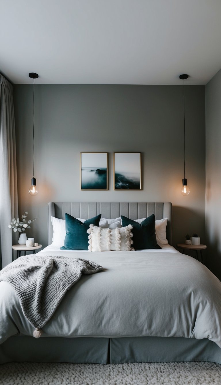 A cozy gray bedroom with a plush bed, soft lighting, and minimal decor