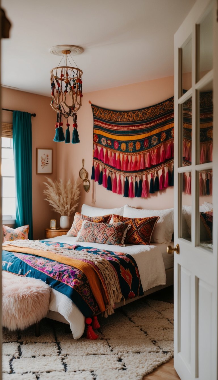 A cozy, bohemian-inspired bedroom with vibrant textiles, plush rugs, and whimsical decor