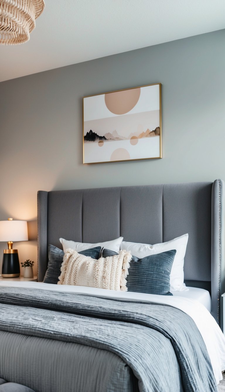 A cozy gray bedroom with a plush headboard, soft lighting, and minimalist decor