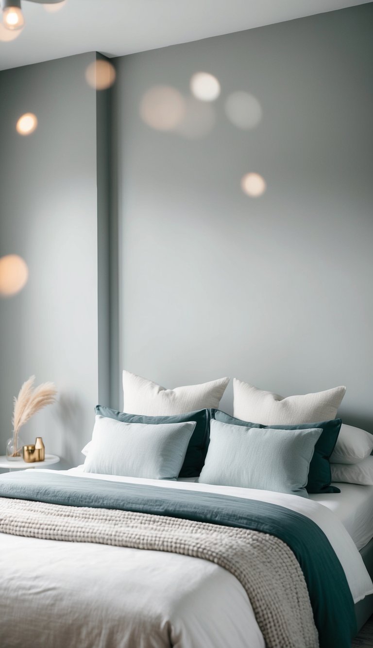 A cozy bedroom with light gray walls, soft bedding, and minimal decor for a calming atmosphere