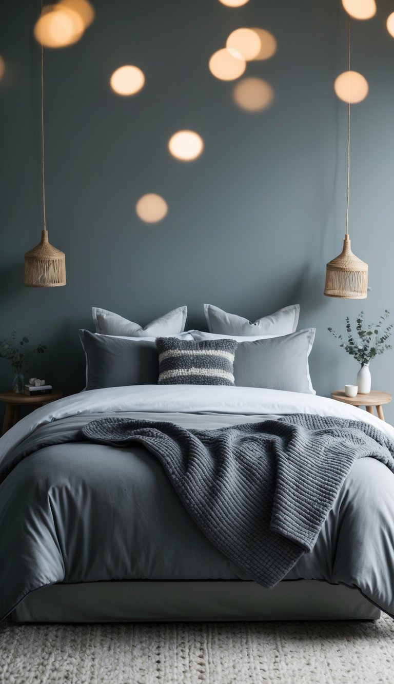 A cozy bedroom with varying shades of gray in the bedding, furniture, and decor, creating a sense of depth and tranquility