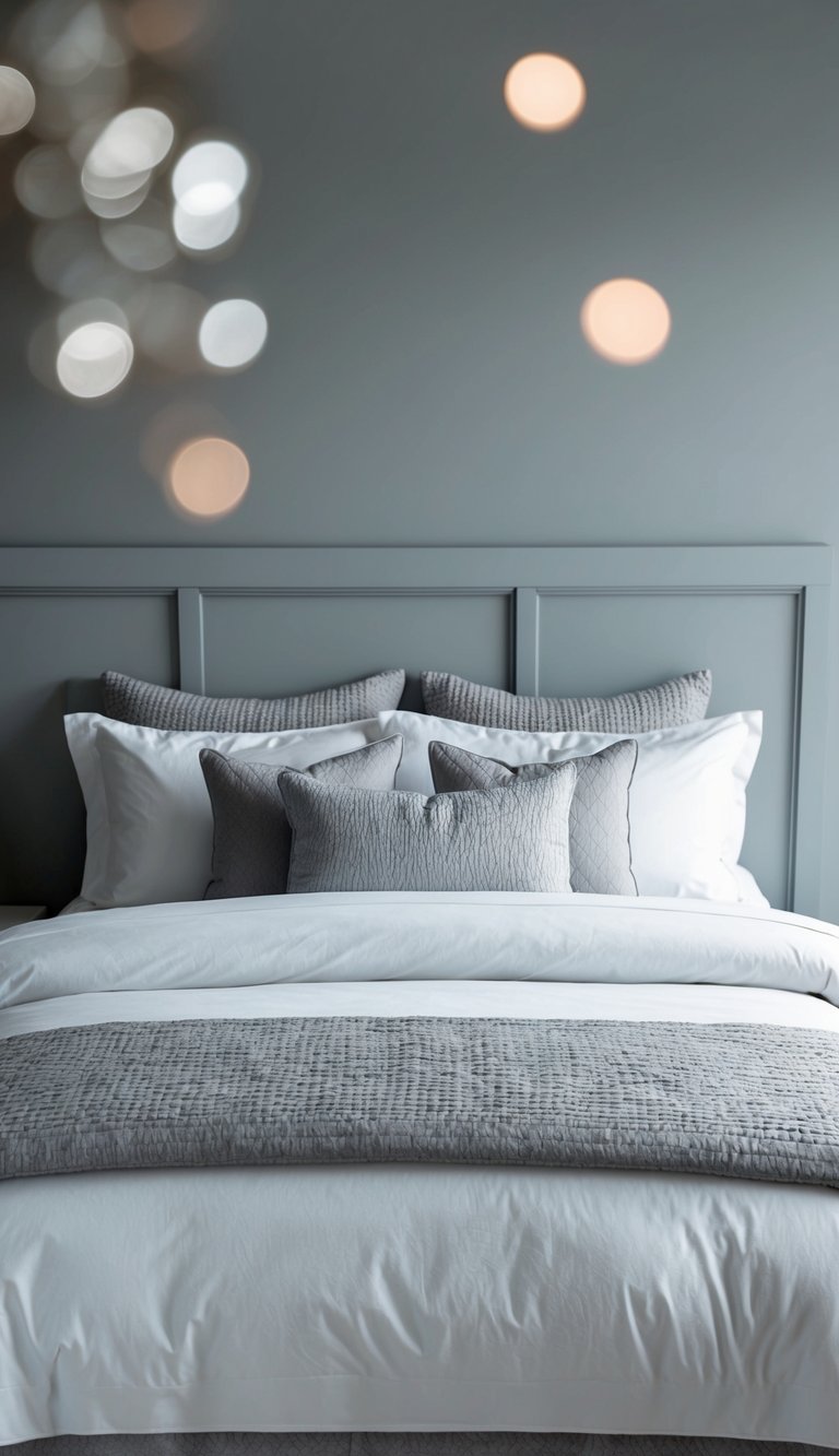 A bed with layered gray and white bedding in a serene gray bedroom