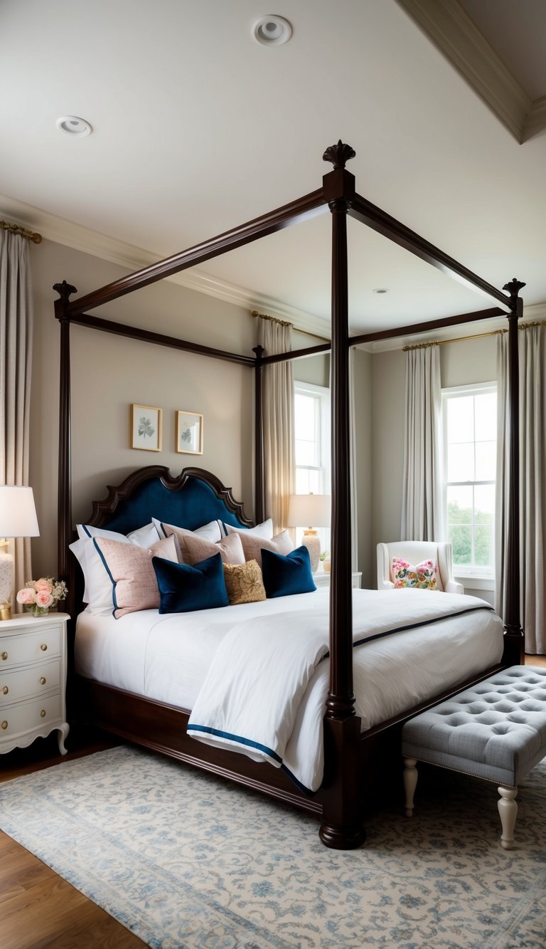 A spacious, elegant bedroom featuring four poster beds with luxurious bedding, surrounded by stylish decor and playful accents