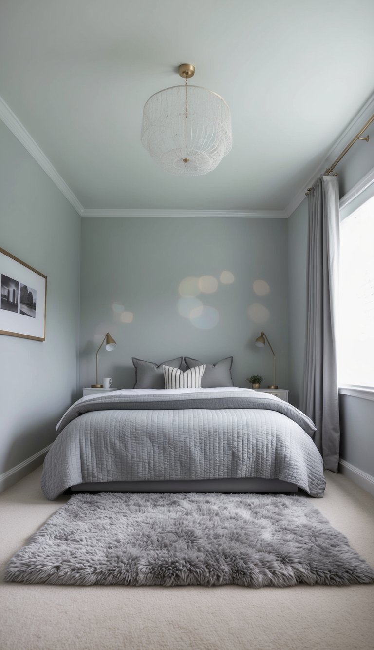 A cozy gray rug lies in the center of a serene bedroom, surrounded by soft gray walls and accented with plush gray bedding and curtains