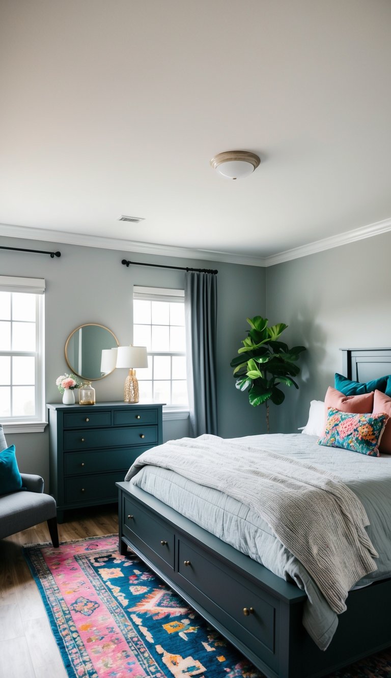 A cozy bedroom with dark gray furniture, accented by light gray walls and bedding. A pop of color is added with a vibrant rug and throw pillows