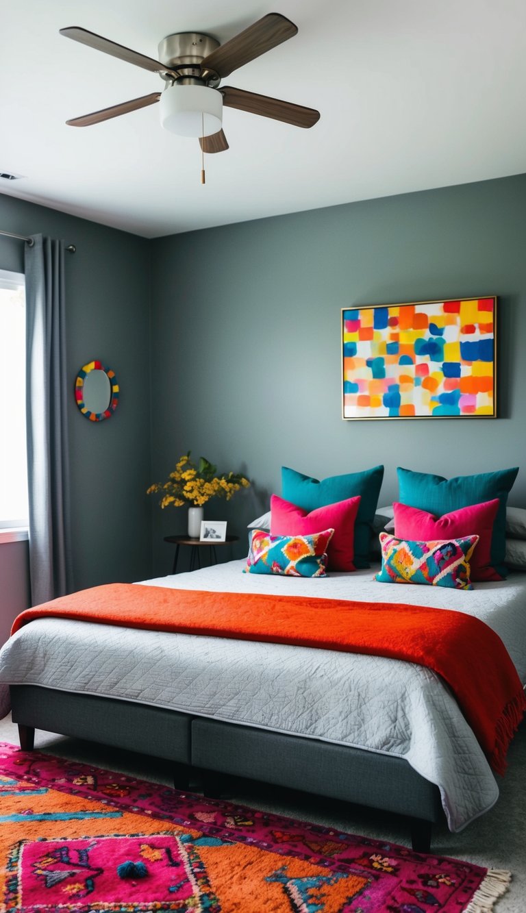 A gray bedroom with vibrant accents: a bold red rug, colorful throw pillows, and a bright painting on the wall