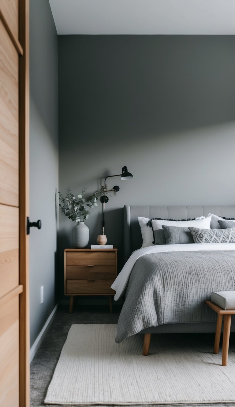 A cozy bedroom with gray walls, wood furniture, and accents in shades of gray, creating a serene and modern atmosphere