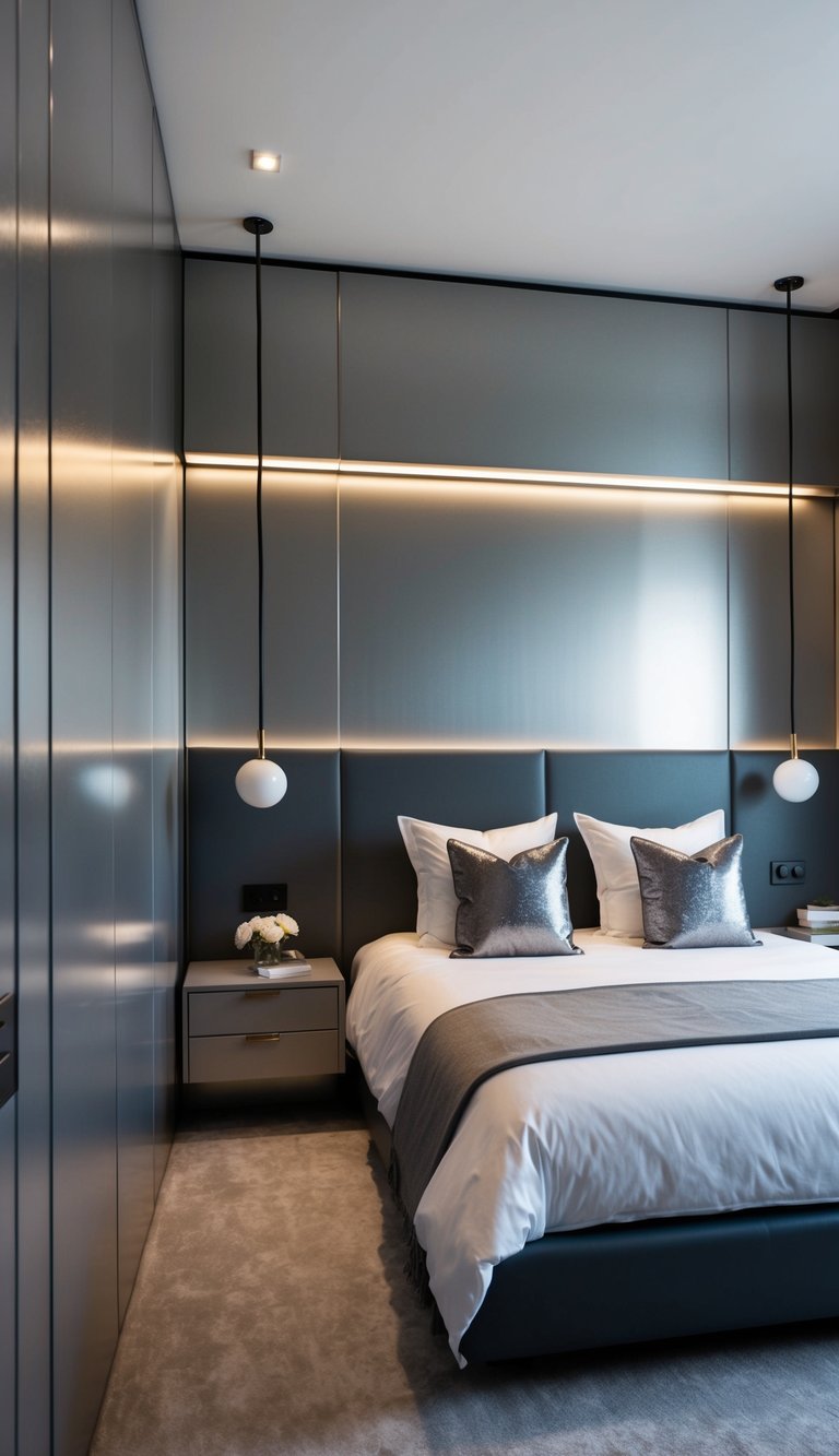 A sleek, modern bedroom with metallic gray accents and a touch of shine