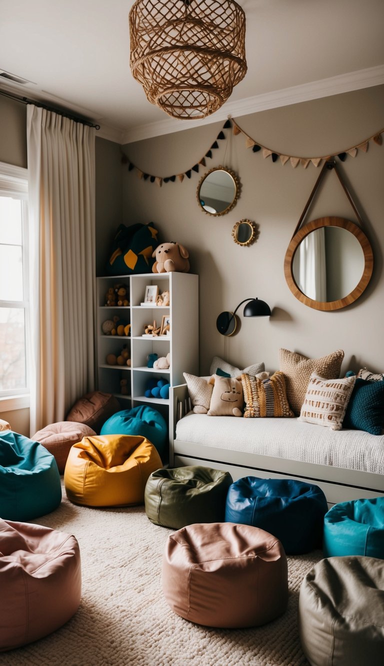 A cozy, stylish kids' bedroom filled with luxurious bean bags in various colors and textures, creating a playful and inviting space