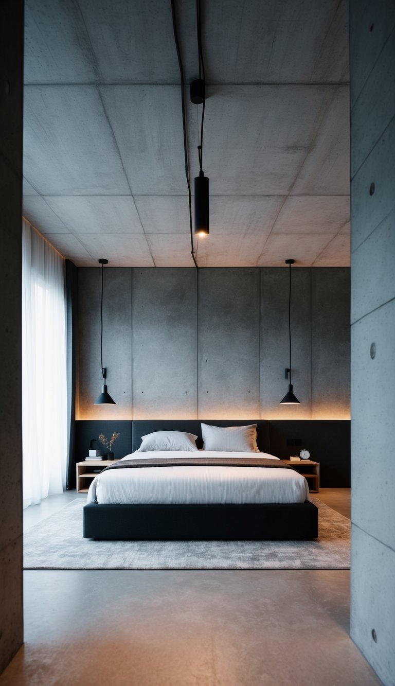 A spacious bedroom with gray concrete walls, minimal furniture, and industrial lighting