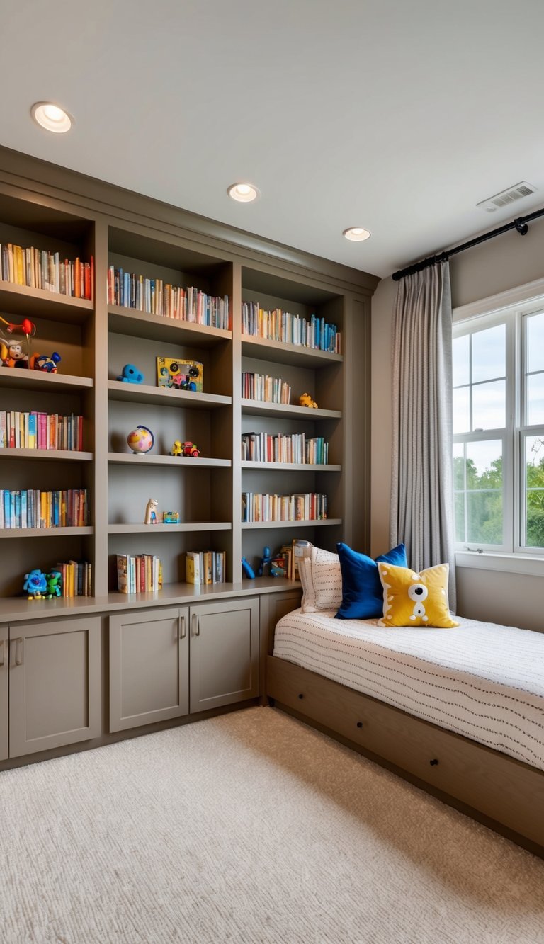 A spacious kids' bedroom with custom built-in bookshelves and 22 luxury bed ideas