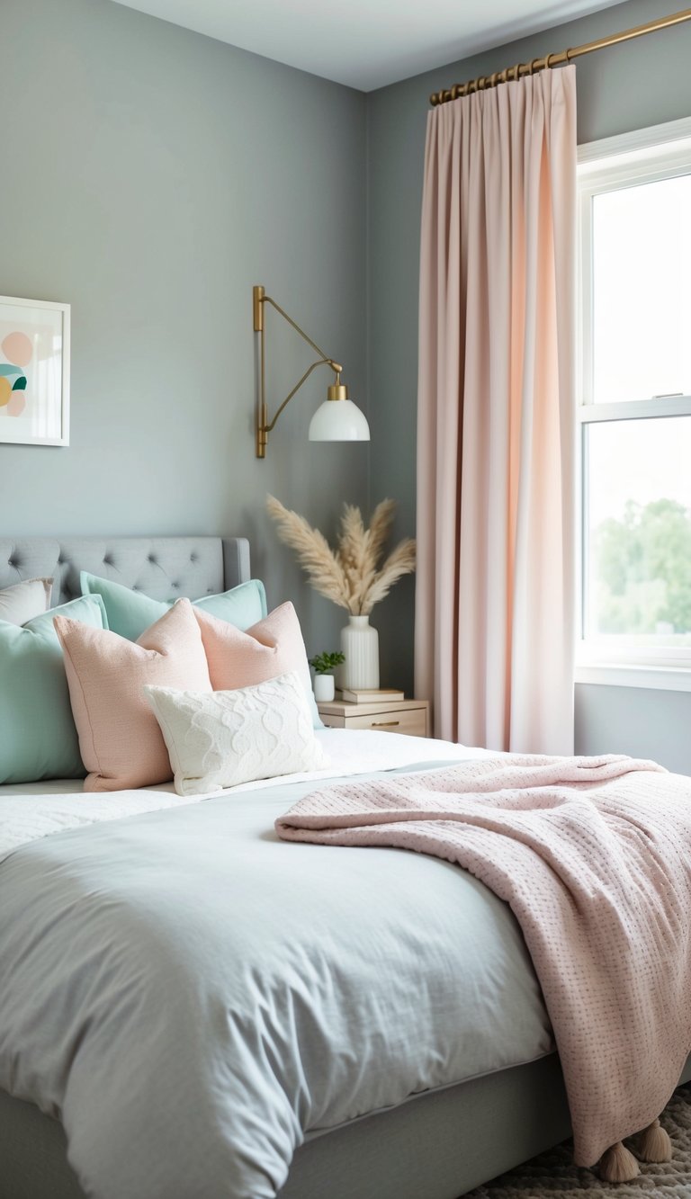 A cozy bedroom with soft gray walls and pastel accents, including bedding, curtains, and decorative items